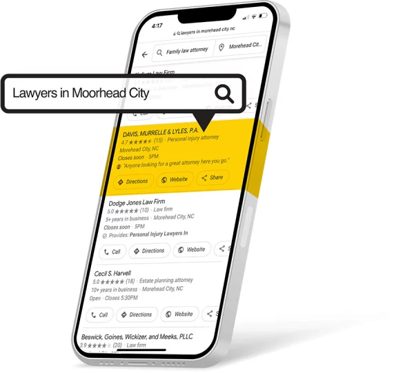 cell phone highlighting a search query, showcases the Lead Science Search Engine Optimization (SEO) platform, a critical service in law firm digital marketing