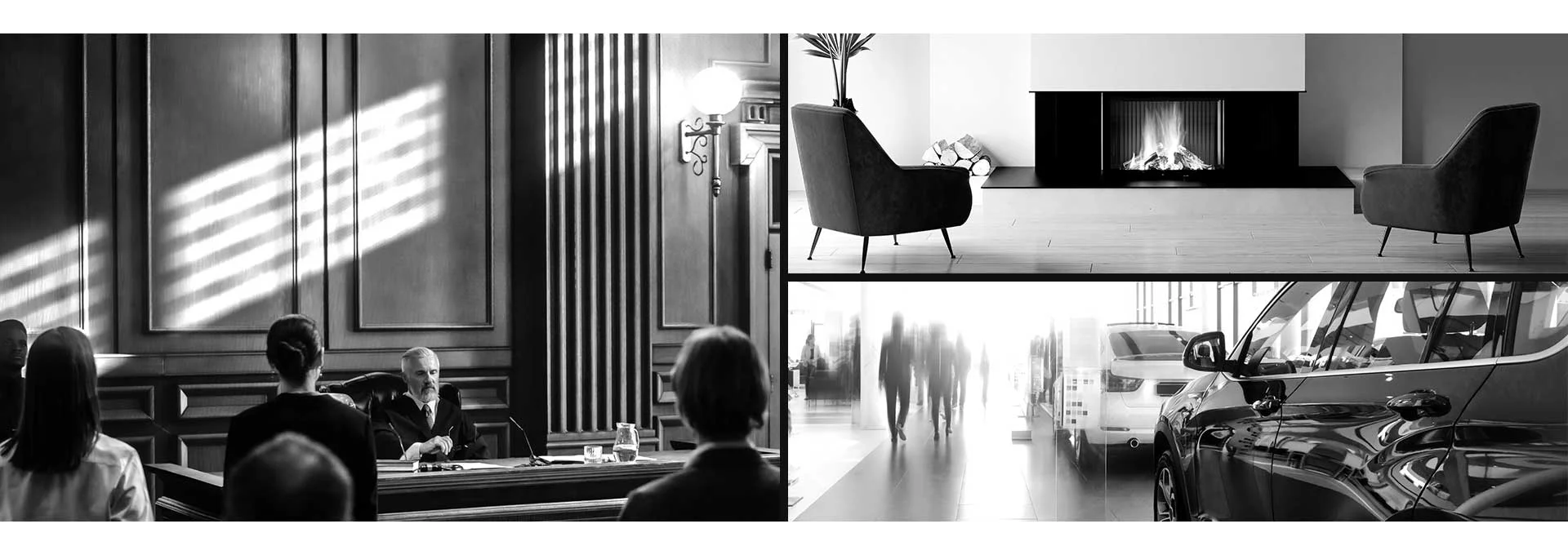 A grid of images showing a judge, fireplace and cars