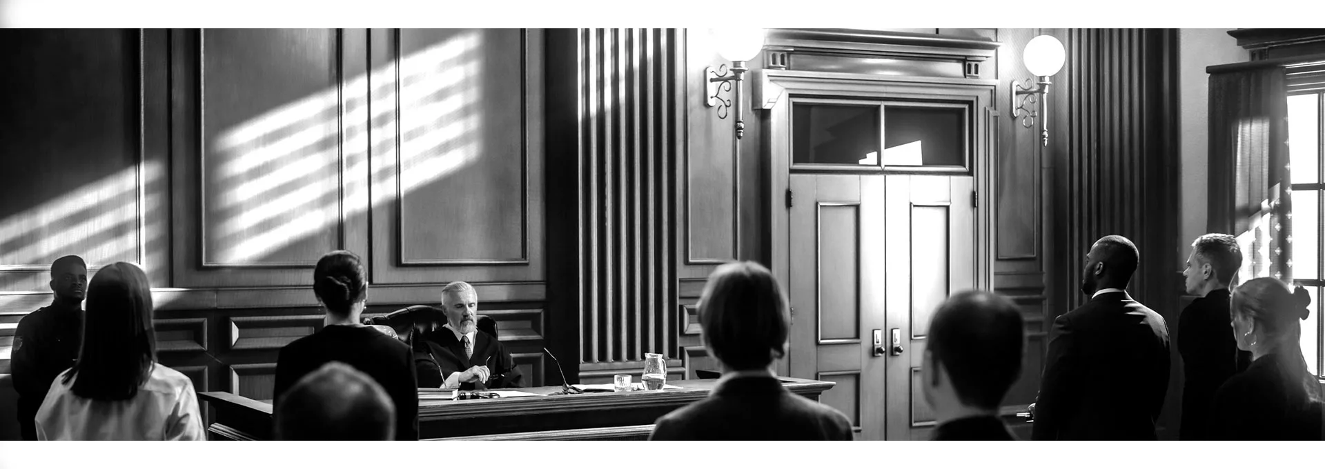 Courtroom photograph showing judge at bench with counsel in front of him, Lead Science provides digital marketing services to legal professionals