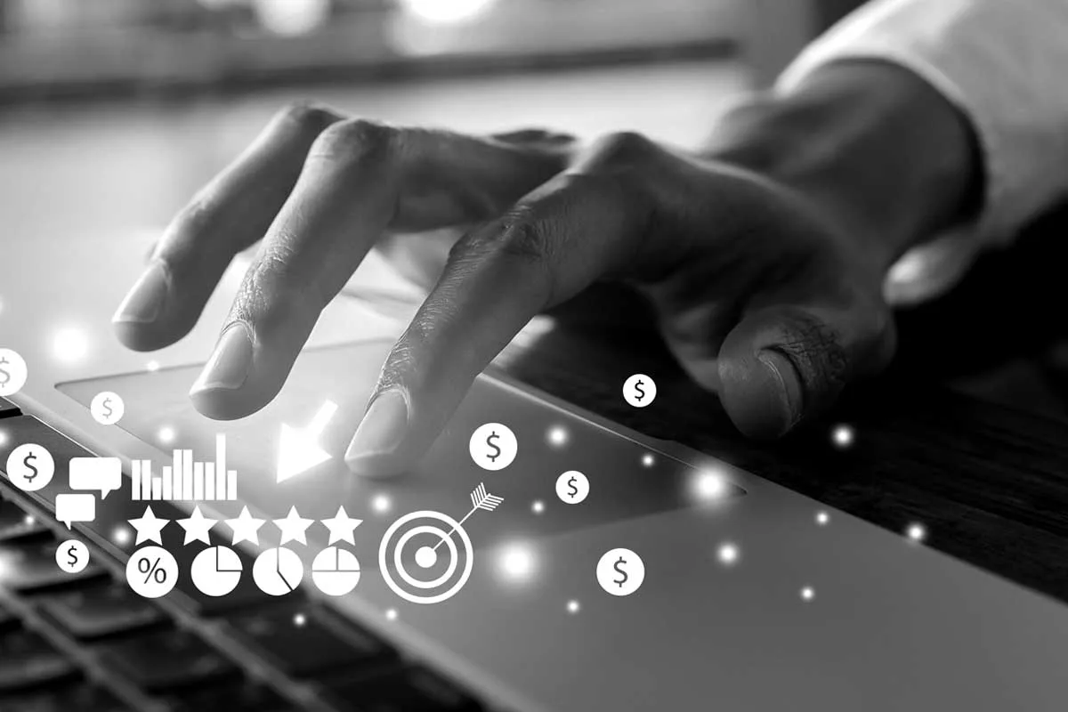 Attorney hand typing on a computer, digital marketing illustrations and icons