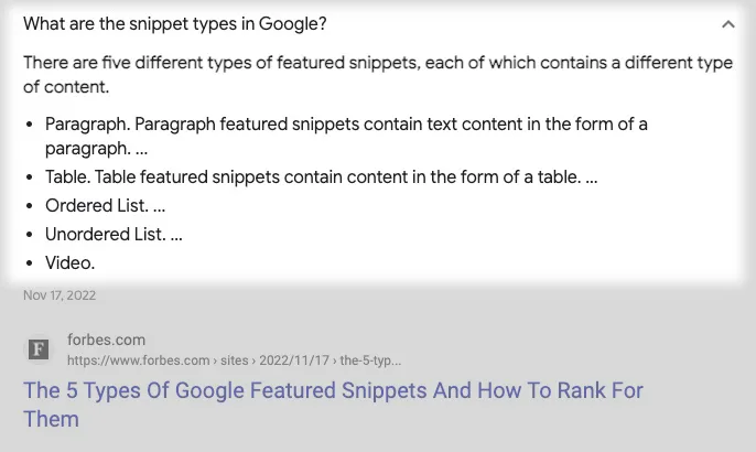 Google snippet example, shows Google Snippet for 5 types of Google Snippets