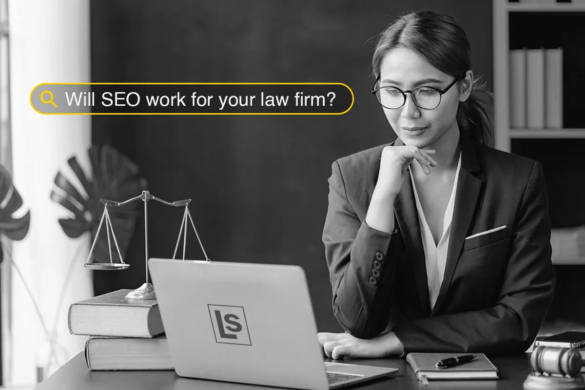 Will SEO Work For Your Law Firm? Shows lawyer performing google search.