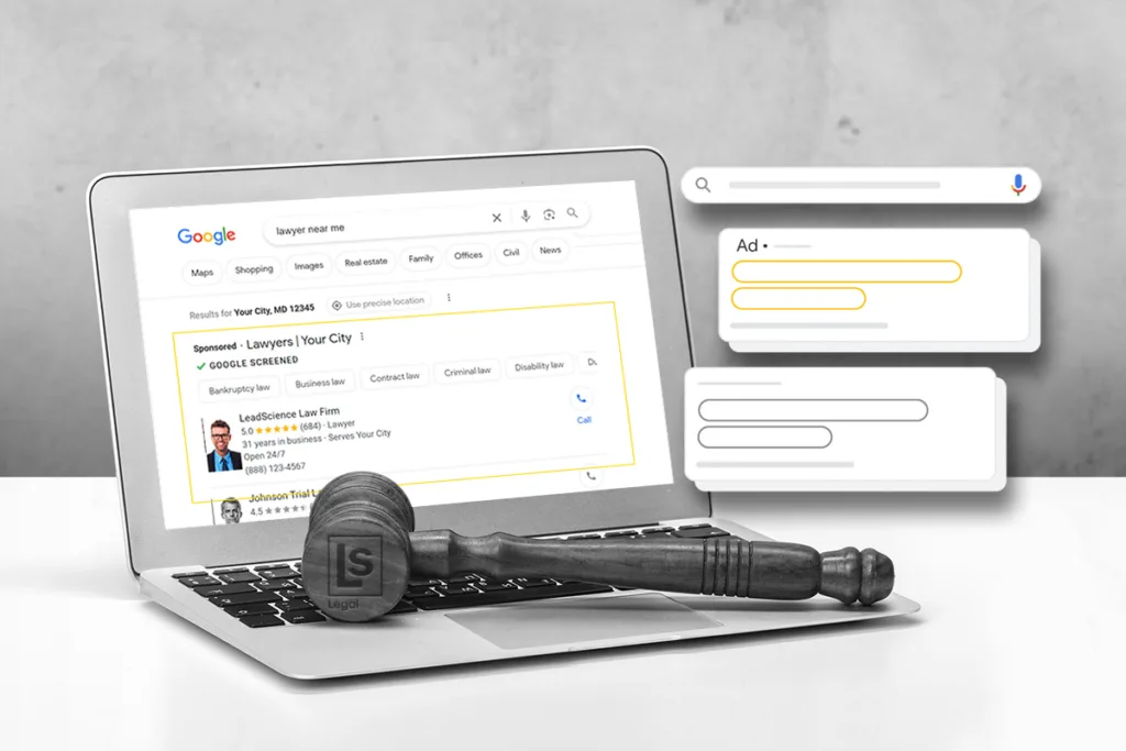 10 Google Ads Best Practices, shows examples of Google Ads for Lawyers on a laptop