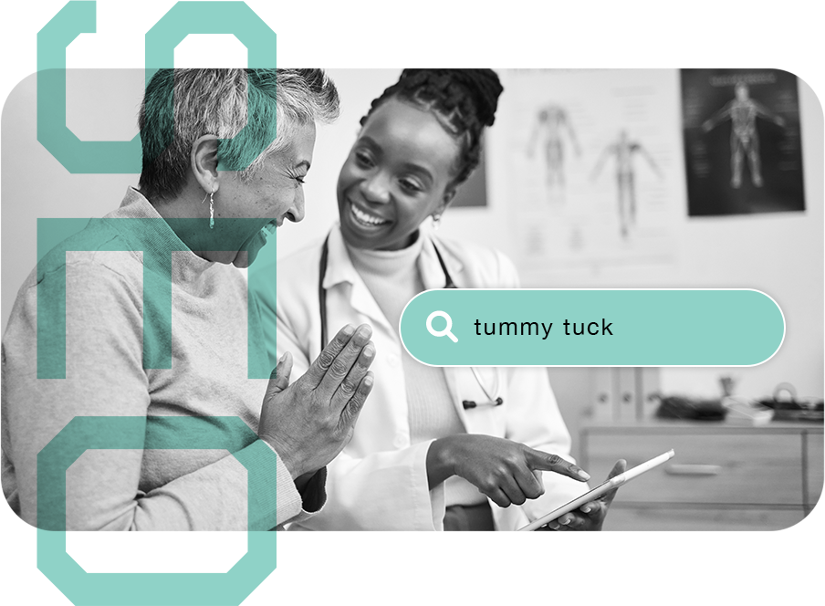 Health and Wellness SEO, shows example search for Tummy Tuck, shows doctor and patient consulting