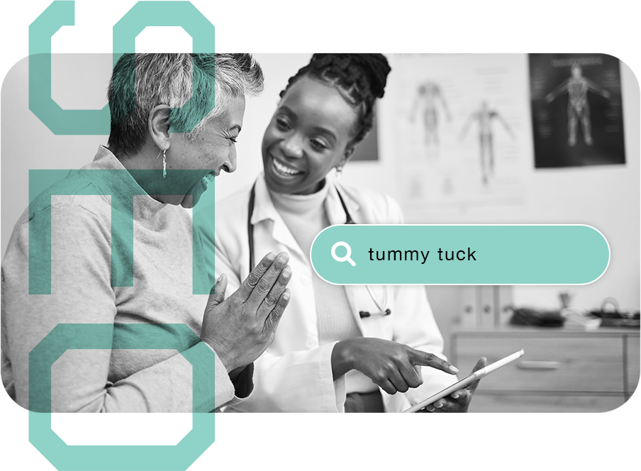 Health and Wellness SEO, shows example search for Tummy Tuck, shows doctor and patient consulting