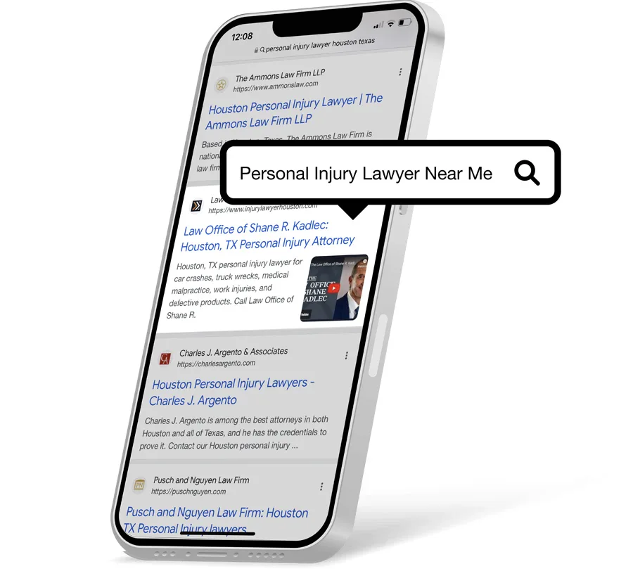 cell phone highlighting a search query, illustrates the importance of SEO for law firms