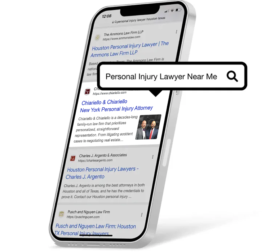 cell phone highlighting a search query, illustrates the importance of SEO for law firms