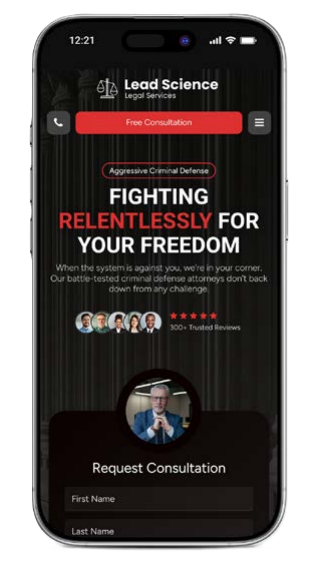 A smartphone displaying a Lead Science built Mobile-First Conversion-Focused Law Firm Website Design