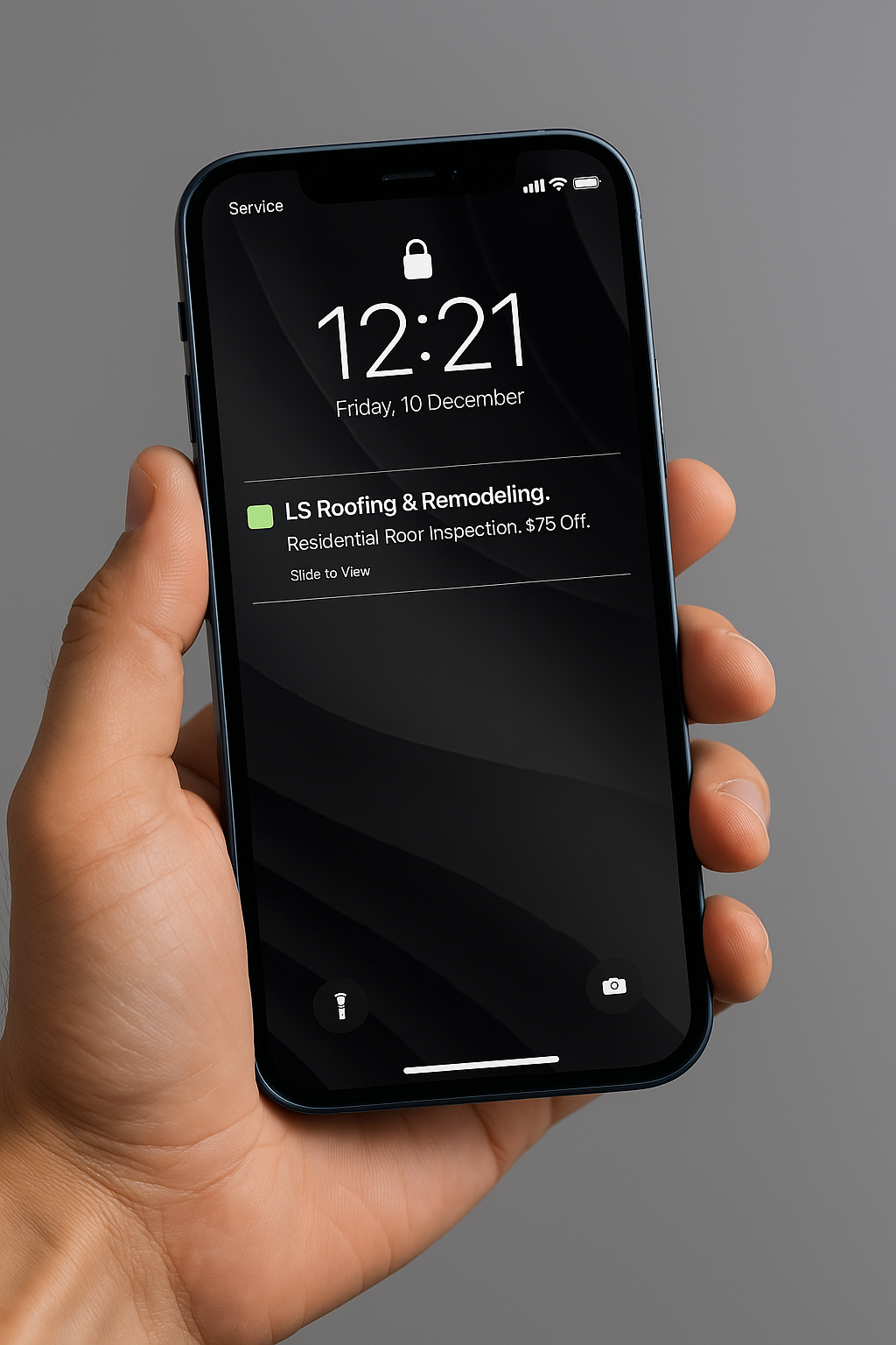 A client holds up a smartphone showing an example of a lock screen notification from Lead Generation tools.