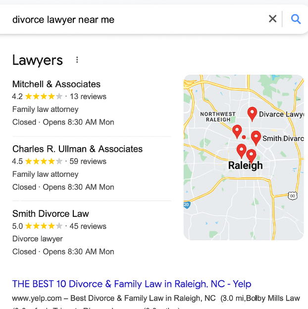 Sample Google Search results for "Divorce Lawyer Near Me"