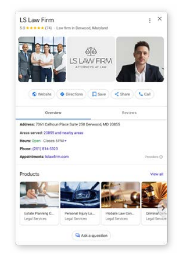 A Law Firm's well-maintained Google Business Profile shows how to leverage Voice Search & Local SEO Optimization to build reputation and attract new clients