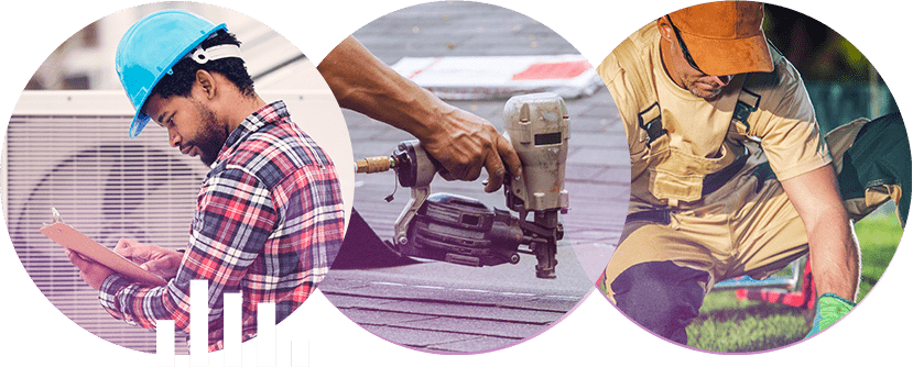 3 circular photos of home services contractors at work represent Lead Science's expertise in Home Services digital marketing.