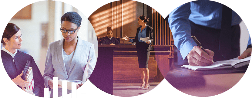 3 circular photos of attorneys at work represent Lead Science's expertise in Law Firm digital marketing.