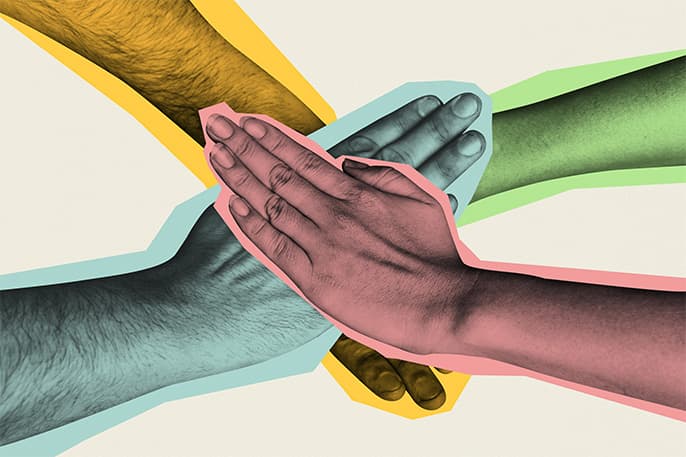 Colorful collage of Lead Science team members putting all hands in to represent our commitment to excellence through teamwork