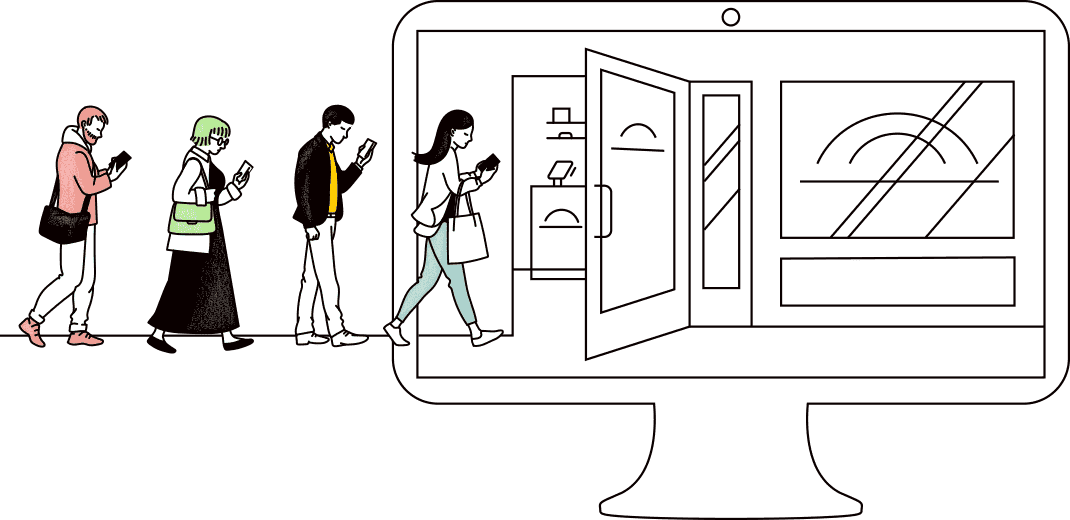 Cartoon representing how a website is a local business's digital storefront, by showing clients on smartphones walking into a computer to access a business's front door.