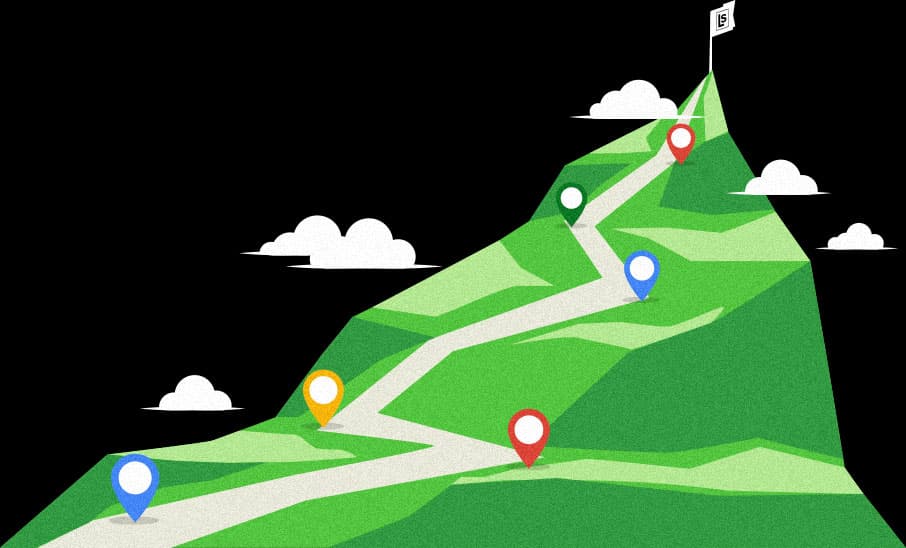 A cartoon mountain showing map pins leading up the to a Lead Science flag at the peak to represent the SEO goal appearing at the top of online search.