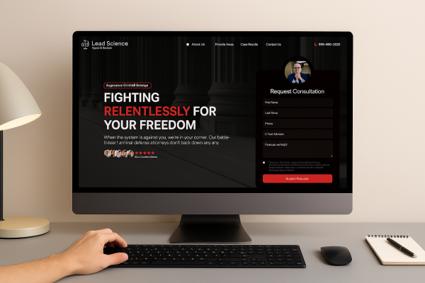 Computer screen shows an example of a Lead Science custom criminal defense law firm website