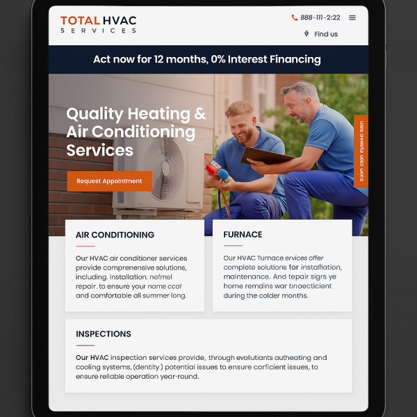 Tablet screen shows an example of a mobile-optimized Lead Science custom HVAC heating and cooling website