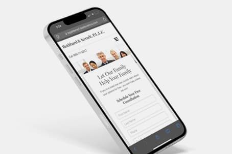 Smartphone screen shows an example of a mobile-optimized Lead Science custom family law firm website