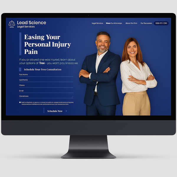 Computer screen shows an example of a Lead Science custom personal injury attorney website