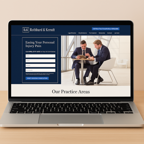Laptop screen shows an example of a Lead Science custom personal injury law firm website