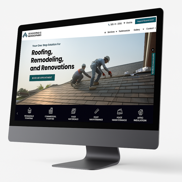 Computer screen shows an example of a Lead Science custom roofing and remodeling website