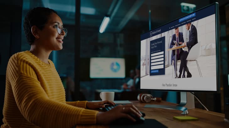A smiling potential client finds an attorney on a Lead Science law firm website